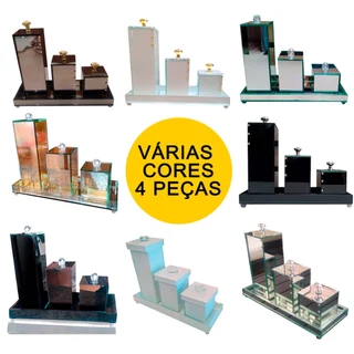Kit Lavabo Banheiro Luxo Com Bandeja + 3 Potes Trio Organizador Vidro Artesanal