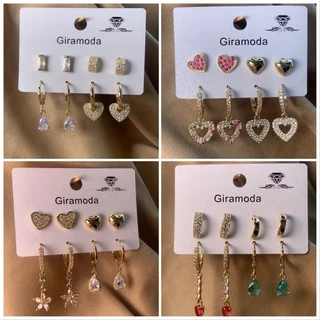 Kit 4 brincos cravejado pedra de zirconia argolinha pingente gota/coracao/correntinha/bolinha folheados a ouro18k e prata 925