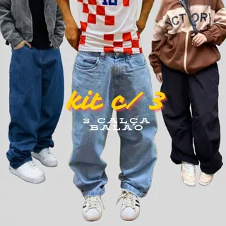 kit 3 Calça balao baggy Larga Jeans clara preta azul escurto Boca Larga pants cân Sk8 Estilosa Moda Masculina Dazzling 100 % Algodão- Estilo Mandrake dazzling