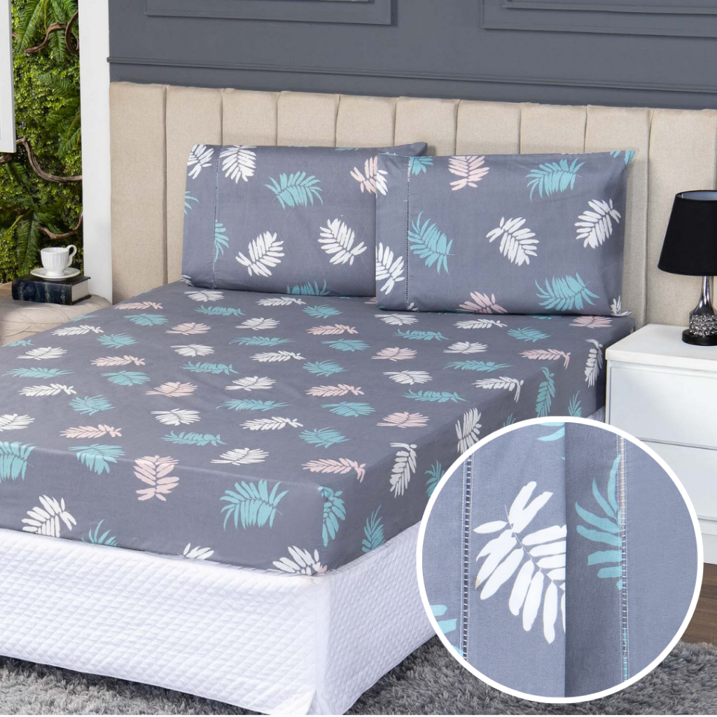 Jogo De Cama Casal Padrão Estampado 400 Fios Percal Acabamento Ponto Palito 2,50m x 2,00m Canto 30cm