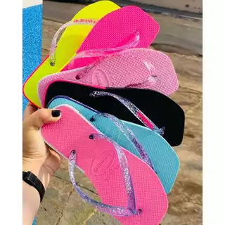 Chinelo Feminino Casual De Dedo Square Correia Glitter Slim Color