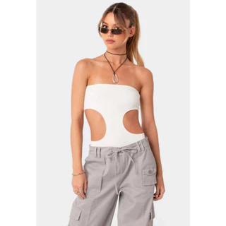 Body feminino cavado tomara que caia recorte na cintura forrado canelado premium sem bojo