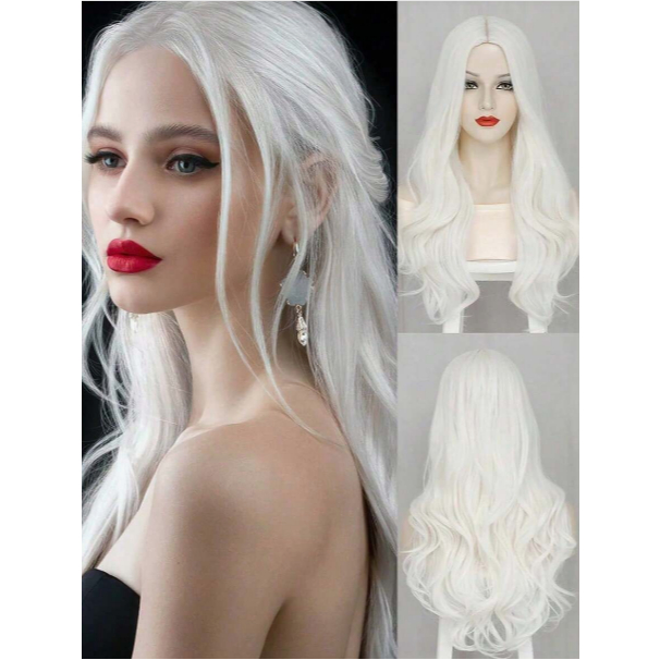 Peruca Lace Wig Longa Ondulada Sem Franja Branca 70cm