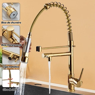 Torneira Cozinha Gourmet Monocomando Com Spray Extensor Torneira de cozinha superior Tubo de água flexível para ajustar qualquer Prata/Ouro