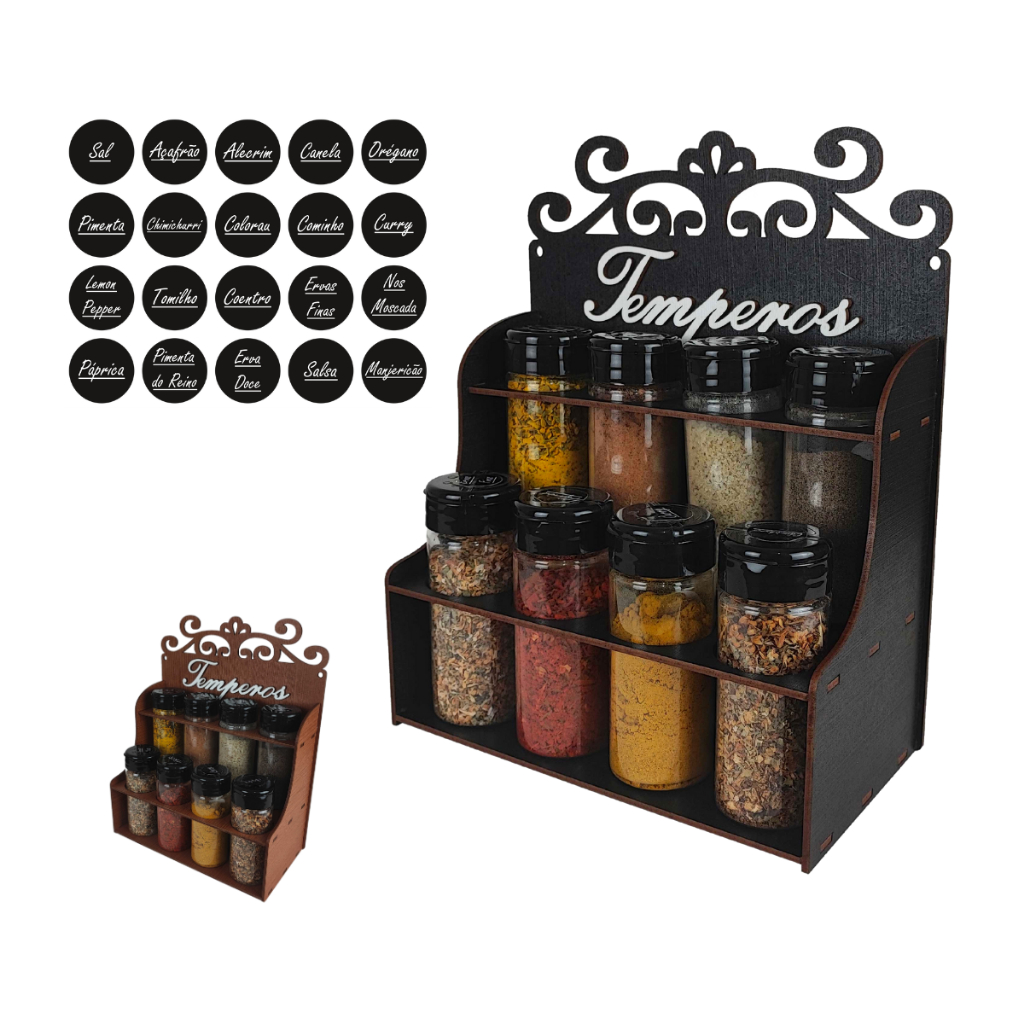 Porta Temperos Arabesco com Potes, Tampa Dosadora e Cartela com 20 Etiquetas