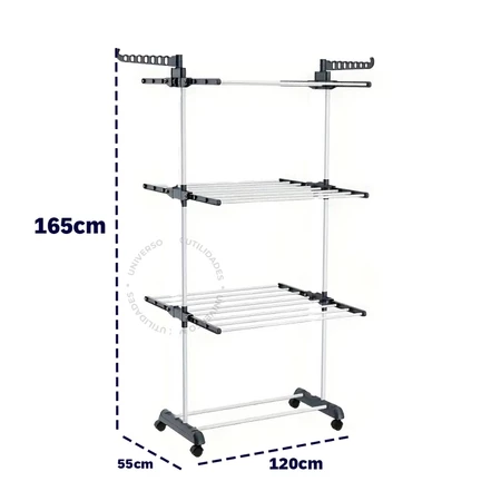 Varal Chão 3 Andares Roupa 4 Rodas Dobrável Reforçado