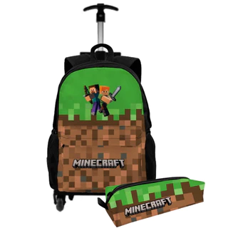 Kit Bolsa Escolar Mochila Minecraft Reforçada Com Rodinha e Estojo Resistente Ajustável Infantil