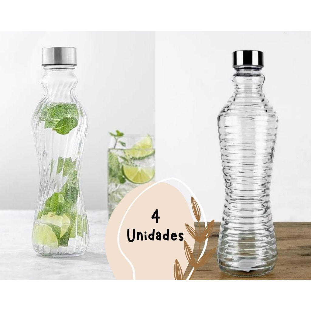 4 Garrafas de Água de Vidro Tampa Inox Porta de Geladeira, Suco Agua ...