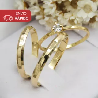 Par de Aliança Casamento Fina Dourada 3mm + Solitário Anel noivado Chanfrado P/ Namoro Cor Ouro 18k
