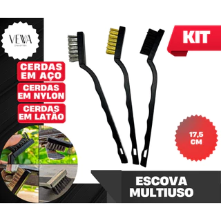 Kit Escova Multiuso Jogo 3 Peças Aço Cobre Nylon Limpa Grelha Churrasqueira Manual Conjunto Limpeza