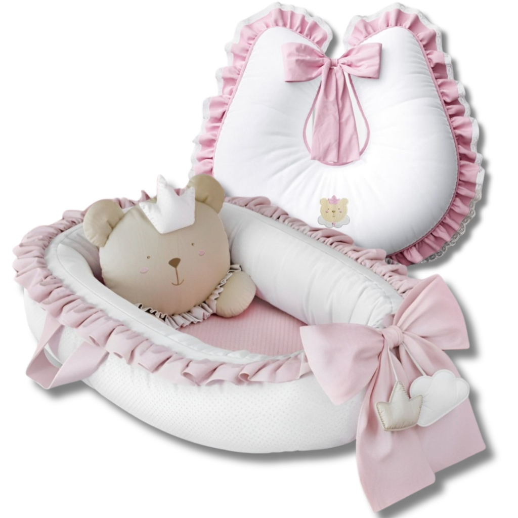 Ninho Redutor de Berço C/ Almofadinha Decorativa + Almofada Amamentação 100% Algodão 180 Fios
