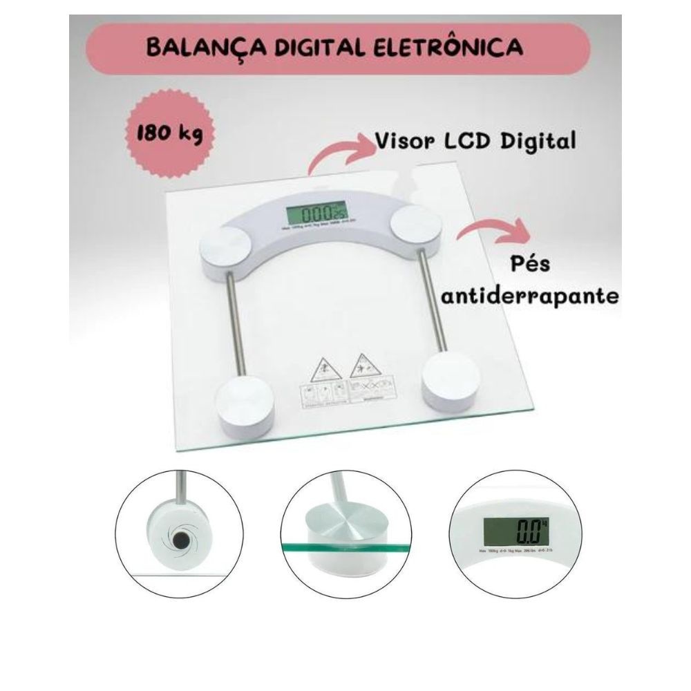 Balança Digital Eletrônica Vidro 180kg Academia Banheiro Spa Medição Peso Controle Saúde Monitoramento Visor Residencial Dieta Casa