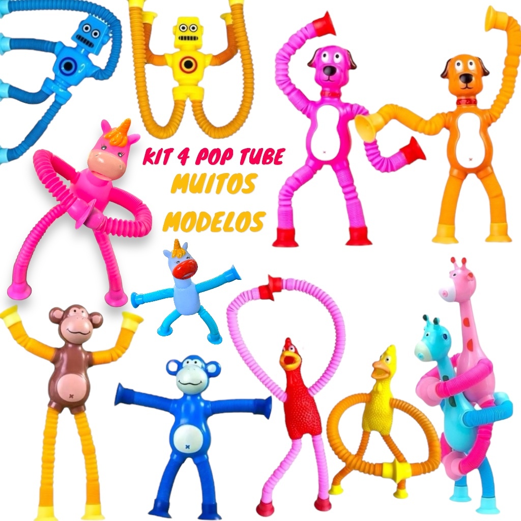Kit Pop Tubo Estica e gruda Girafa Robô Macaquinho Cachorro Galinha ...