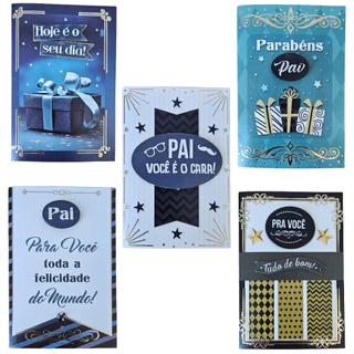 Cartão de Felicitações Pai, Dias dos Pais 7,5 x 11,0cm com Envelope - Kit com 5 ou 10 unidades