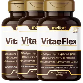 3 x Colágeno Tipo 2 + Glucosamina + Vitamina D3 e K2 + Magnésio + Curcumina + Silício 180 Cápsulas