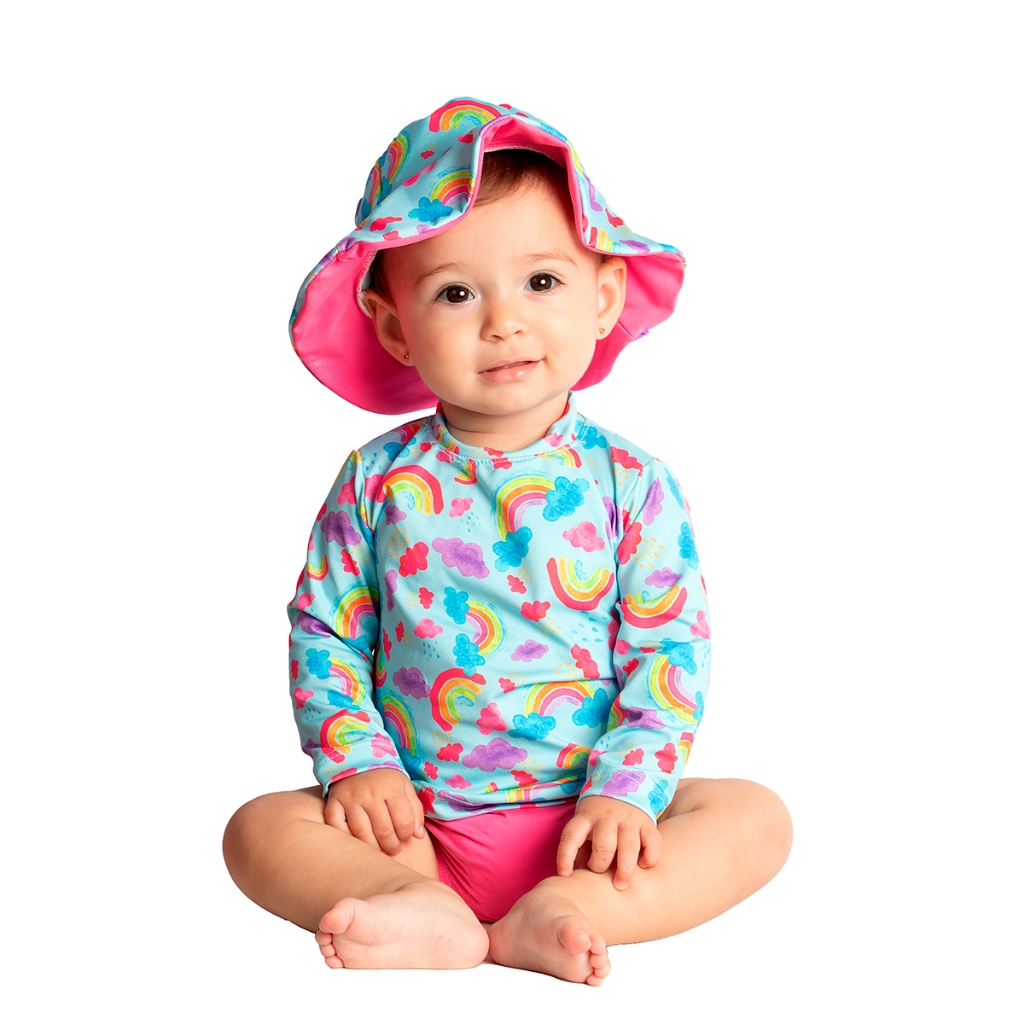 Kit Moda Praia 3 Peças Blusa com Proteção Solar UV50 + Sunga + Chapéu Bebê e Infantil Menina