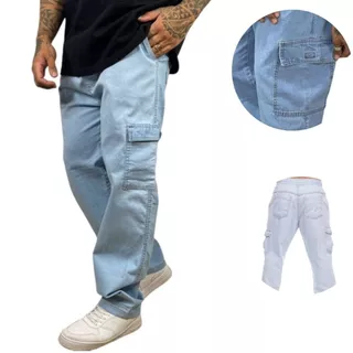 Calça Cargo Larga Bolso Lateral Skatista Streetwear Masculina Jeans