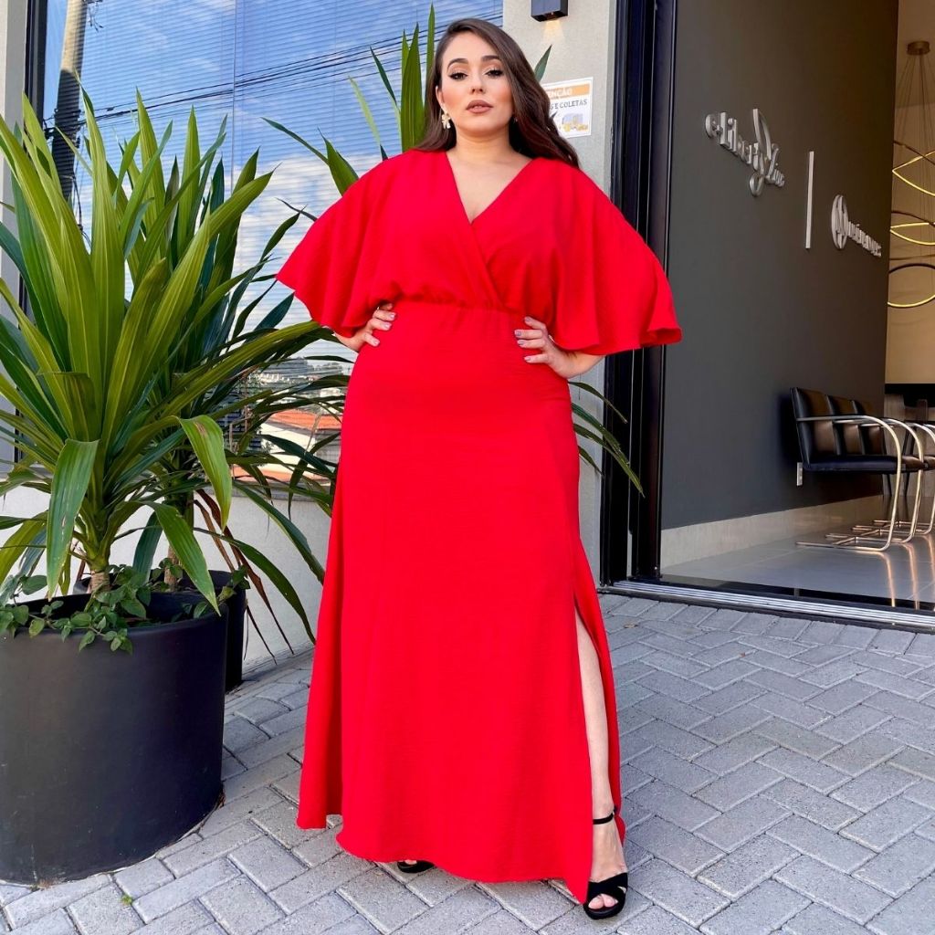 Vestido Longo Plus Size Acinturado Manga Morcego Linha Luxo