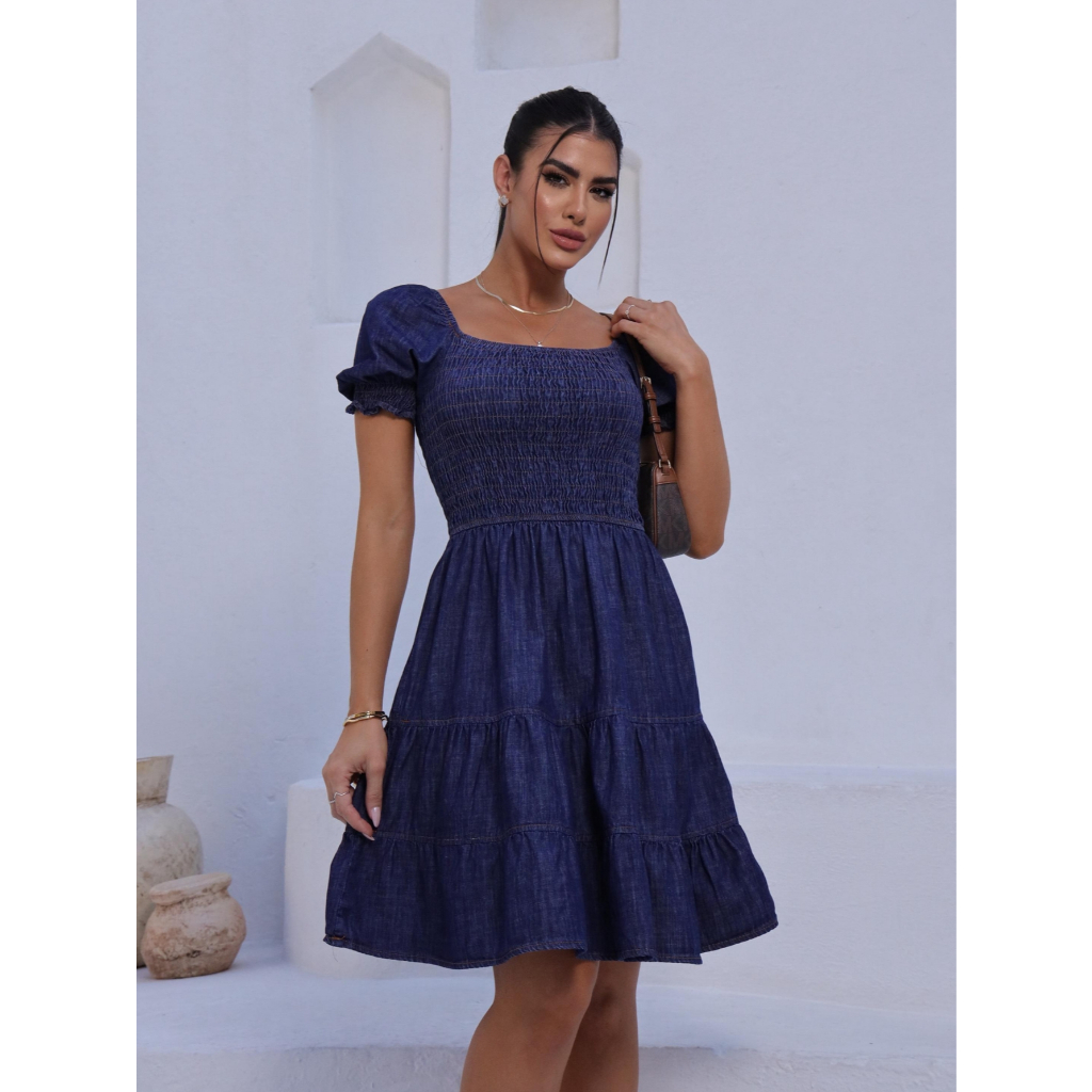 Vestido Jeans Curto De Manga Com Elastico Na Cintura