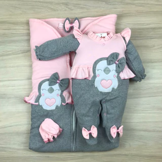 Saída Maternidade Menina Pinguim com Saco De Dormir
