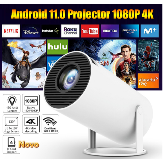 Projetor HY300 Wi-fi Lançamento Portátil com Android 11 USB HDTV Bluetooth Smart Cinema