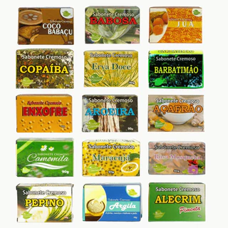 Kit com 12 - Sabonete Natural Cremoso - Açafrão - Aroeira - Pepino - Juá - Babosa - Copaíba - Argila - Camomila - Maracujá - Alecrim - Rosa Mosqueta - Coco Babaçu - Erva Doce - Enxofre - Barbatimão - 90g- Aroeira Cosmética