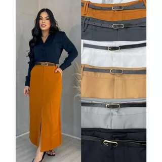 Saia Longa Alfaiataria Moda Evangélica Tendência Feminino Com Cinto -0236