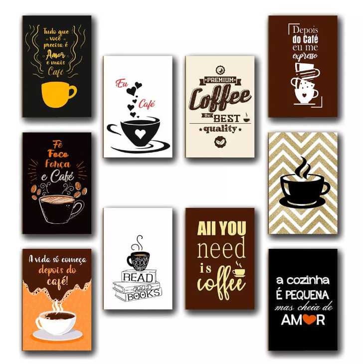 Kit 10 Quadros Decorativos Frases Cantinho do Café Cozinha