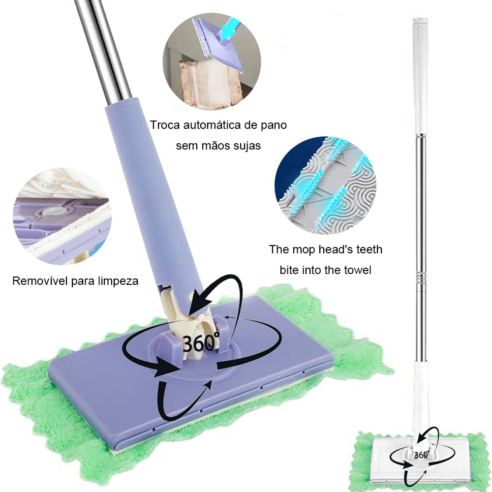Esfregona com braçadeira automática, troca de pano portátil e automática, liberando suas mãos