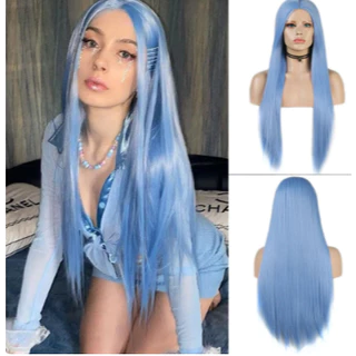 Peruca lace Wig Longa Lisa Sem Franja Blue 70cm