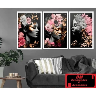 Quadros Decorativos Mulheres Floral Para Salão de Beleza Moderno 3 Peças 120x60 cm