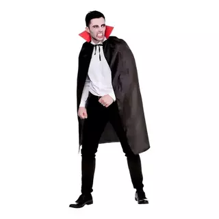 Capa Vampiro Dracula Fantasia Halloween Preto Gola Vermelha