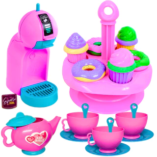 Kit Chá da tarde Brinquedo Infantil Jogo C/ Cafeteira C/ Cápsula Porta Bolos Xicara Pratinho Colher 19pcs
