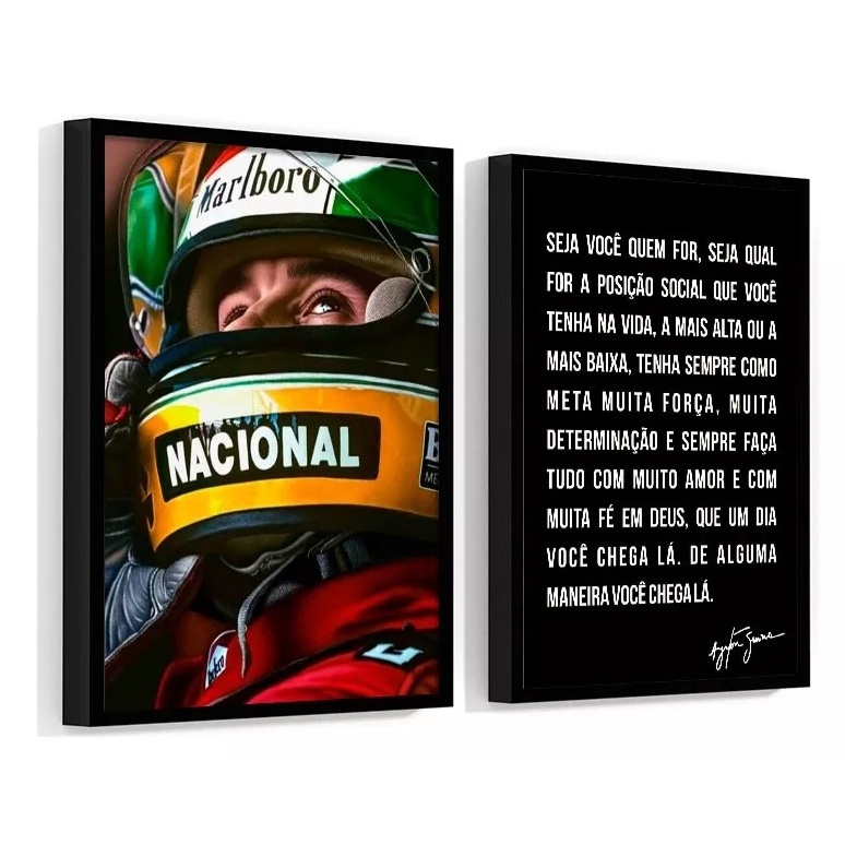quadro decorativo Ayrton Senna com frase motivacional 2 peças quarto sa