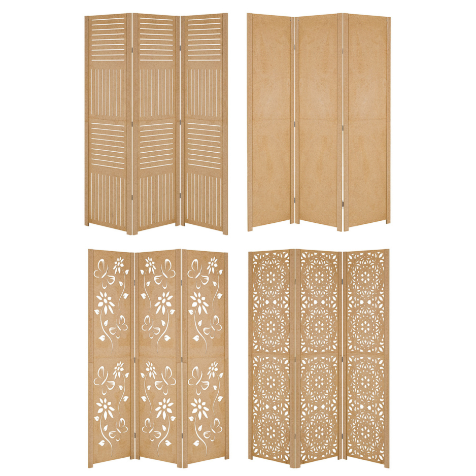 3 Biombo Sanfonado Repartido Folha Madeira Mdf Divisor De Ambiente Painel Separador Divisória Vazado Liso Fechado Horizontal Vertical Floral Mandala Top Top