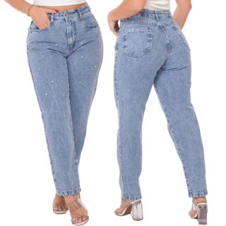 Calça Mom Jeans Feminina Cintura Alta Com Pérola em Oferta na Shopee