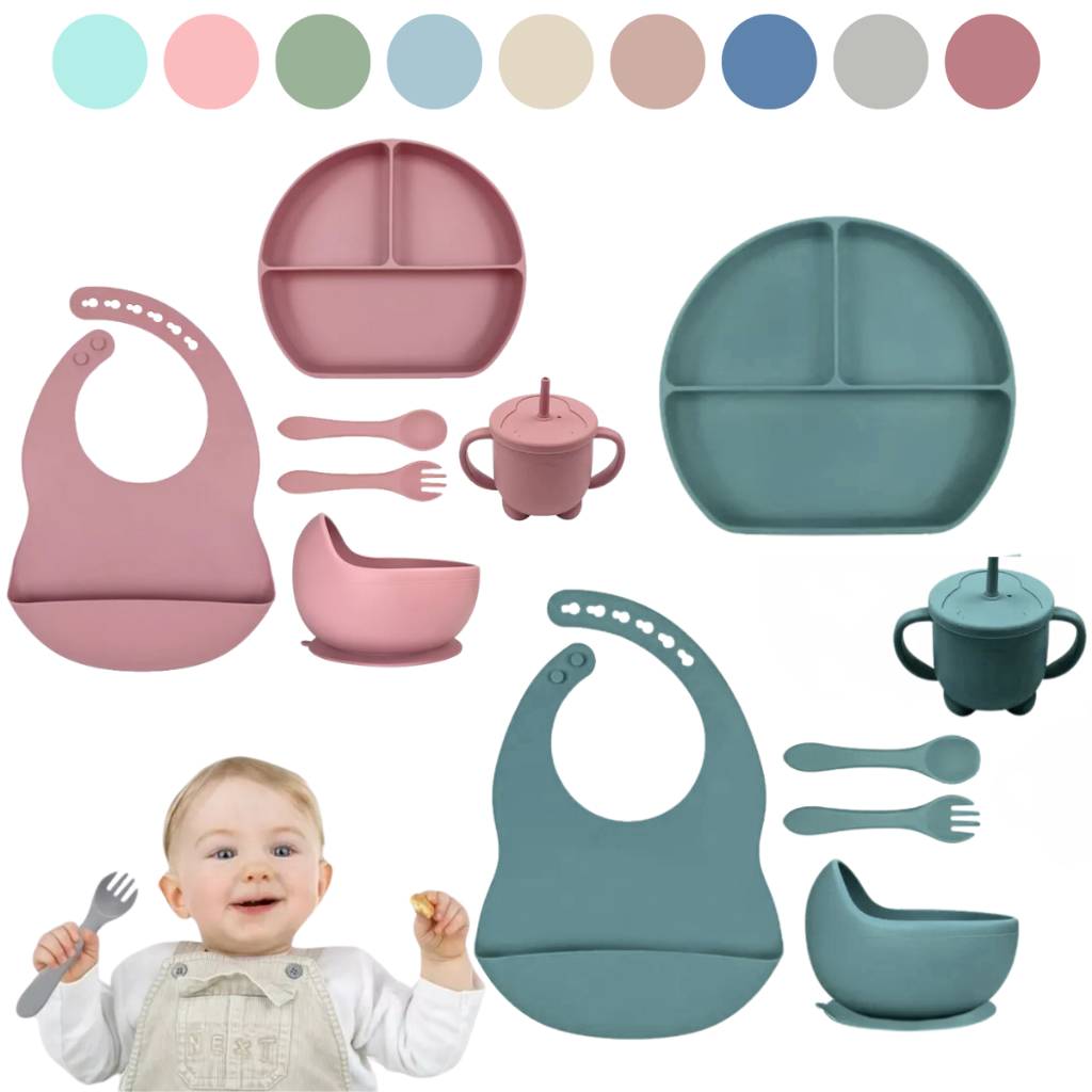 KIT refeição silicone introdução alimentar Bebê prato babador talher copo cumbuca ventosa infantil