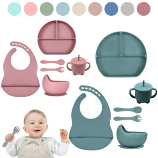 KIT refeição silicone introdução alimentar Bebê prato babador talher copo cumbuca ventosa infantil