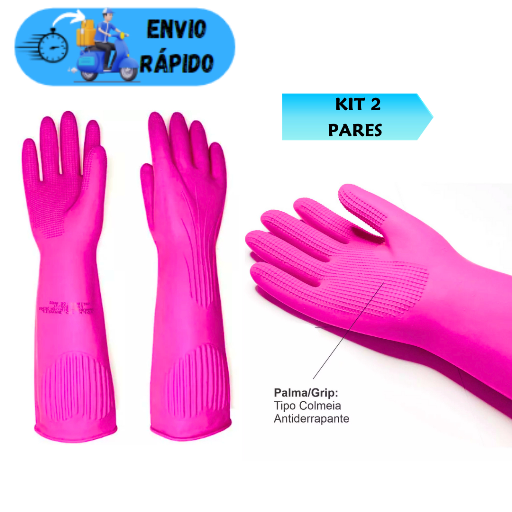 KIT 2 PARES LUVA VOLK DE LATEX RANHURADA ROSA MULTIUSO IPERMEAVEL ...