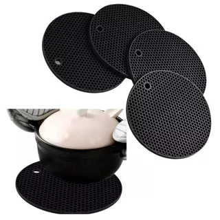 Kit 4 Descansos de Panela Silicone Redondo Preto Pegador Panela Travessas Forno