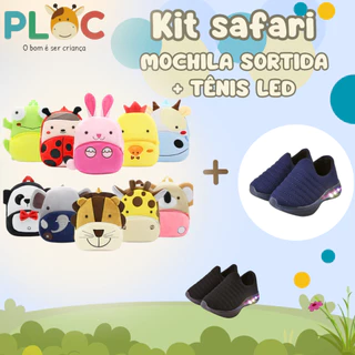 Kit Safari Ploc: MOCHILA SAFARI SORTIDA MENINO + Tênis LED Passeio Escola LED26 em Oferta na Shopee