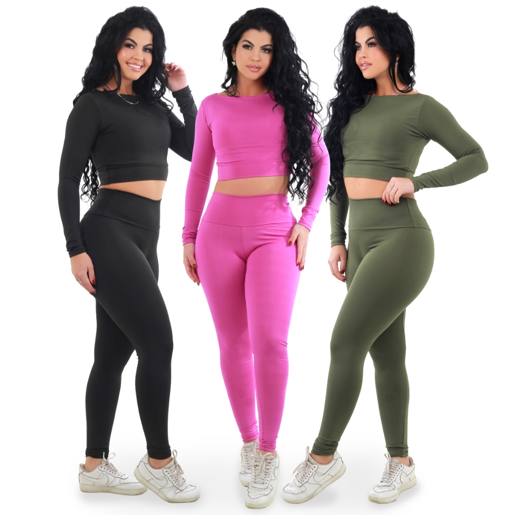 KIT 3 CONJUNTOS DE ACADEMIA FEMININO FITNESS CALÇA LEGGING CÓS ALTO E ...