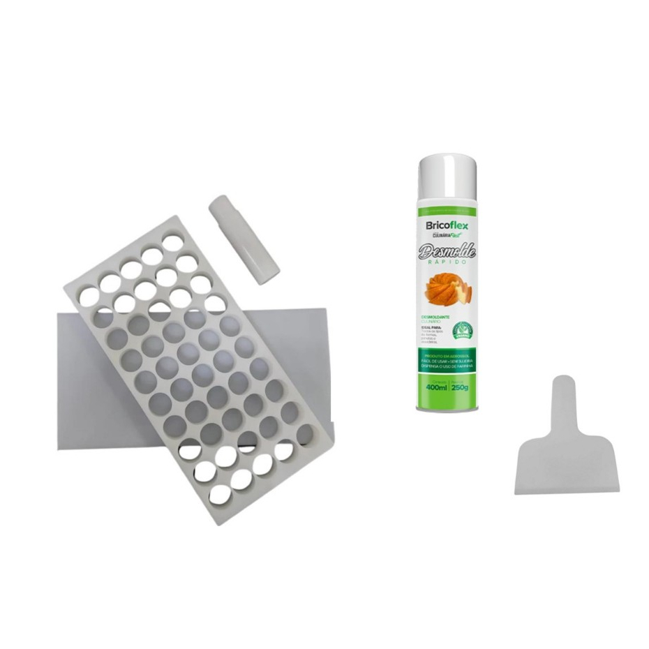 Placa Porcionadora de Doces Brigadeiro Beijinho 15g 45 Furos + Espátula + Desmoldante