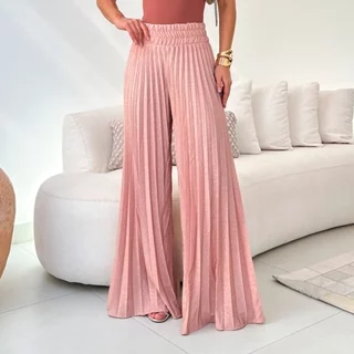 Calça Feminina Pantalona Plissada Perna Larga Com Brilho Cintura Alta