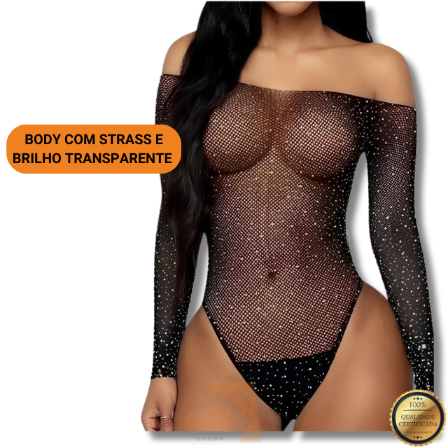 Body com Strass e Brilho, Arrastão Tule Transparente