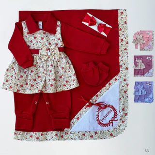 Saida de Hospital para Bebê Menina Vermelha Floral, kit com ( macacão, vestido, manta, laço e luva) em Oferta na Shopee