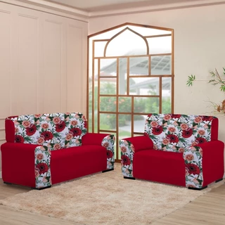 Kit Capa Para Sofá 3 e 2 Lugares Coladinha Mista Estampada Floral/Liso Decoração Sala Protetor
