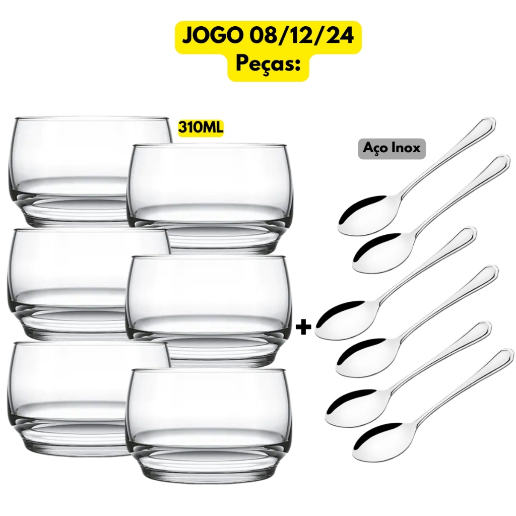 Jogo Kit 08/12/24 Peças Tigela Lights Rocks 310ML Vidro Cristalino Colher Sobremesa Continental Inox