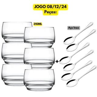Jogo Kit 08/12/24 Peças Tigela Lights Rocks 310ML Vidro Cristalino Colher Sobremesa Continental Inox