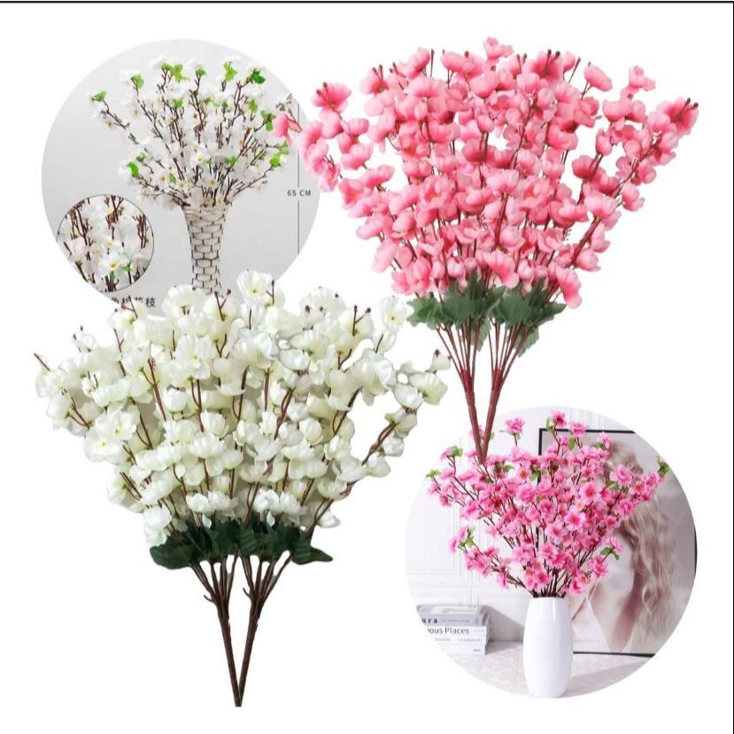 1 Buques Flor Cerejeira Artificial 7 Galhos Grande Decoração Folhagem Montar Arranjos 63 florzinhas